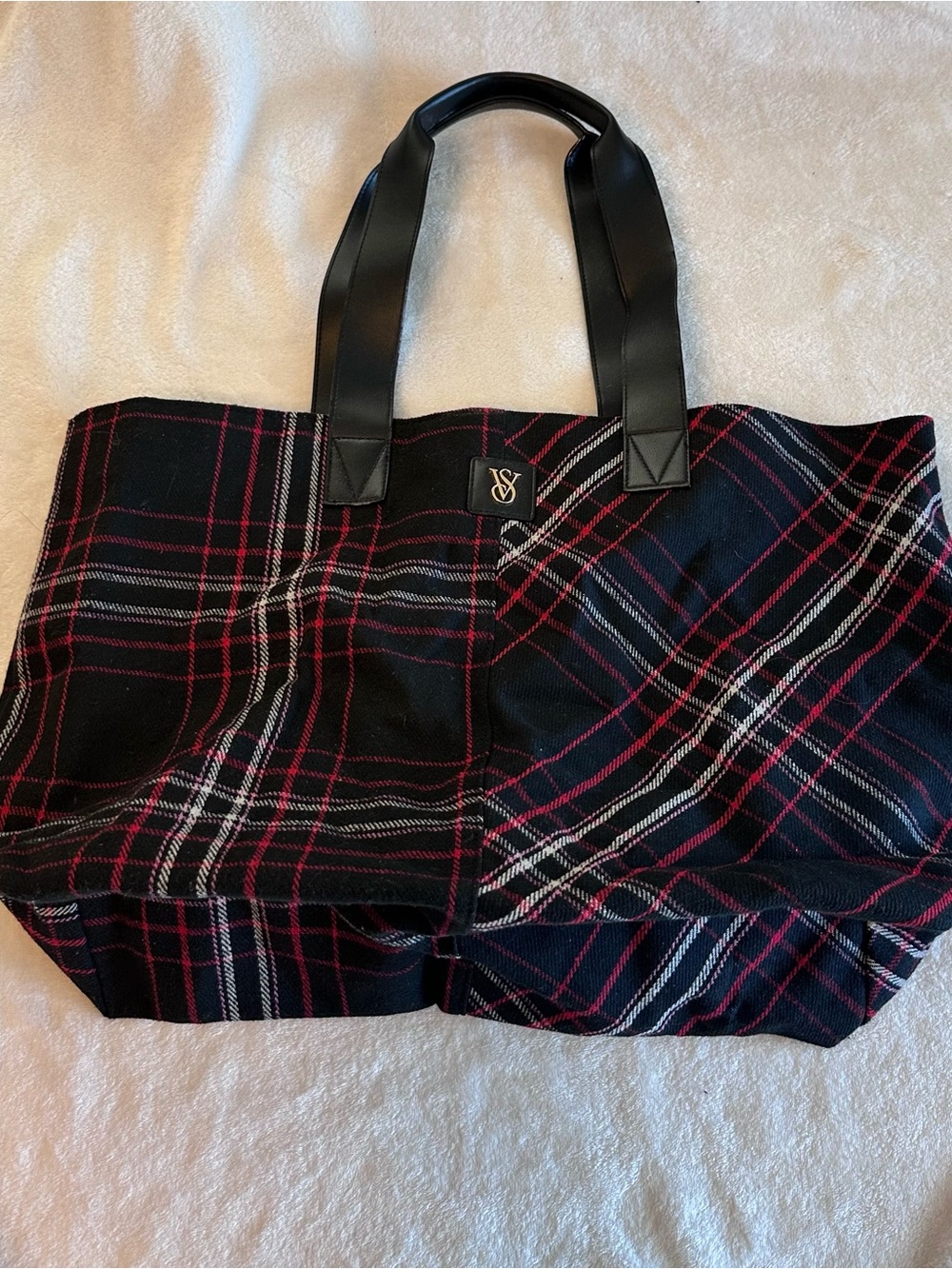 Black VS Plaid Tote Bag with Leather Handles